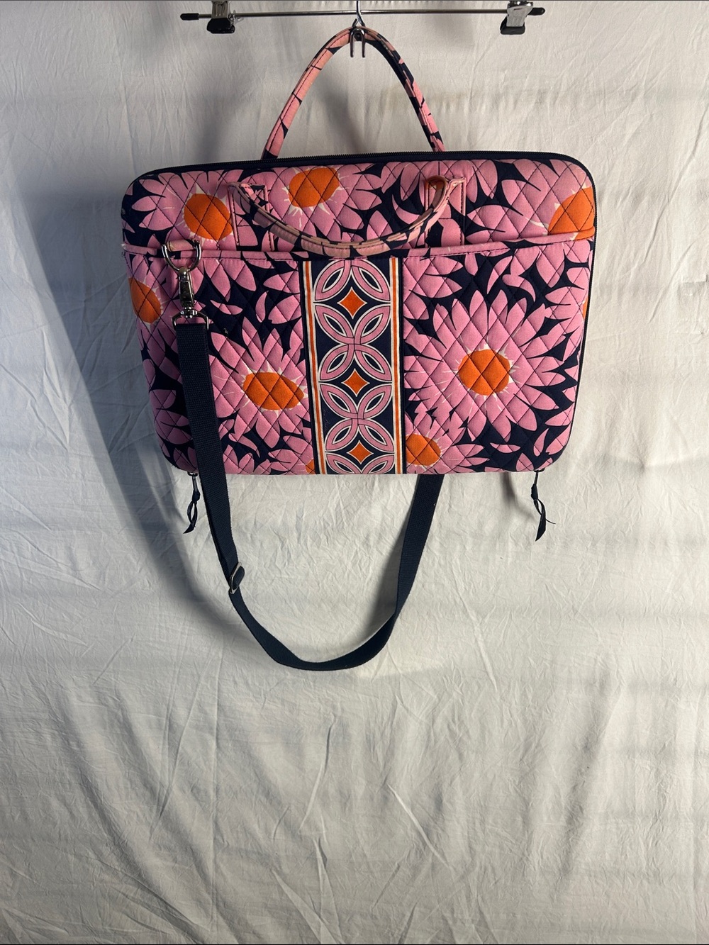 Vera Bradley Pink Navy Quilted Floral Laptop Bag with Orange Accents